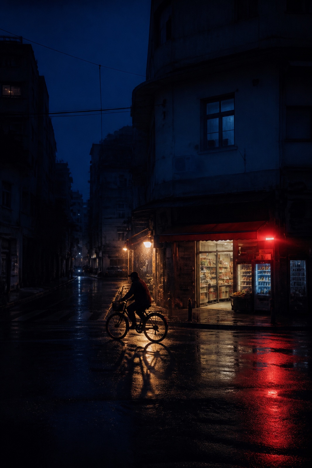 Cyclist passing a warmly lit shop on a rain-soaked street at blue hour