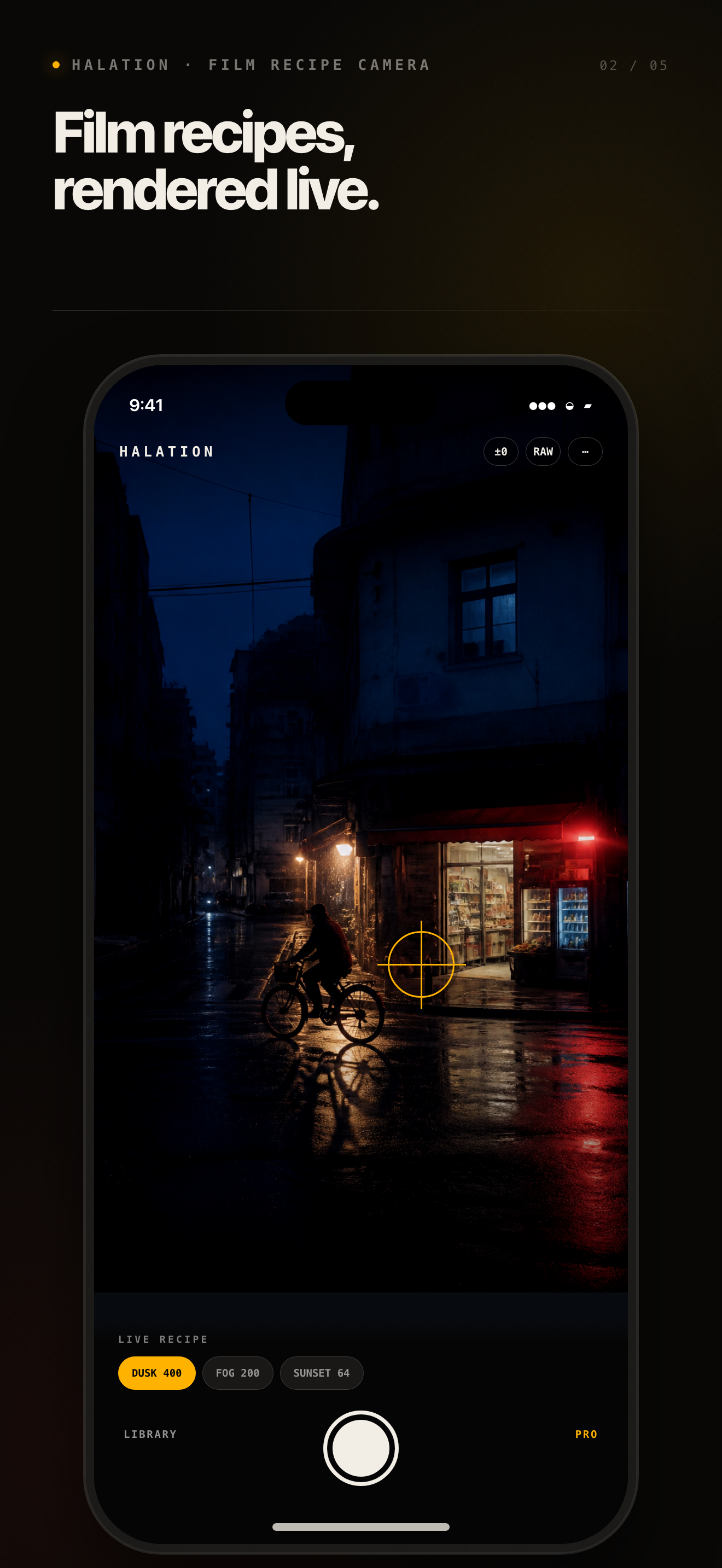 Halation camera showing a Dusk 400 recipe over a rainy street scene